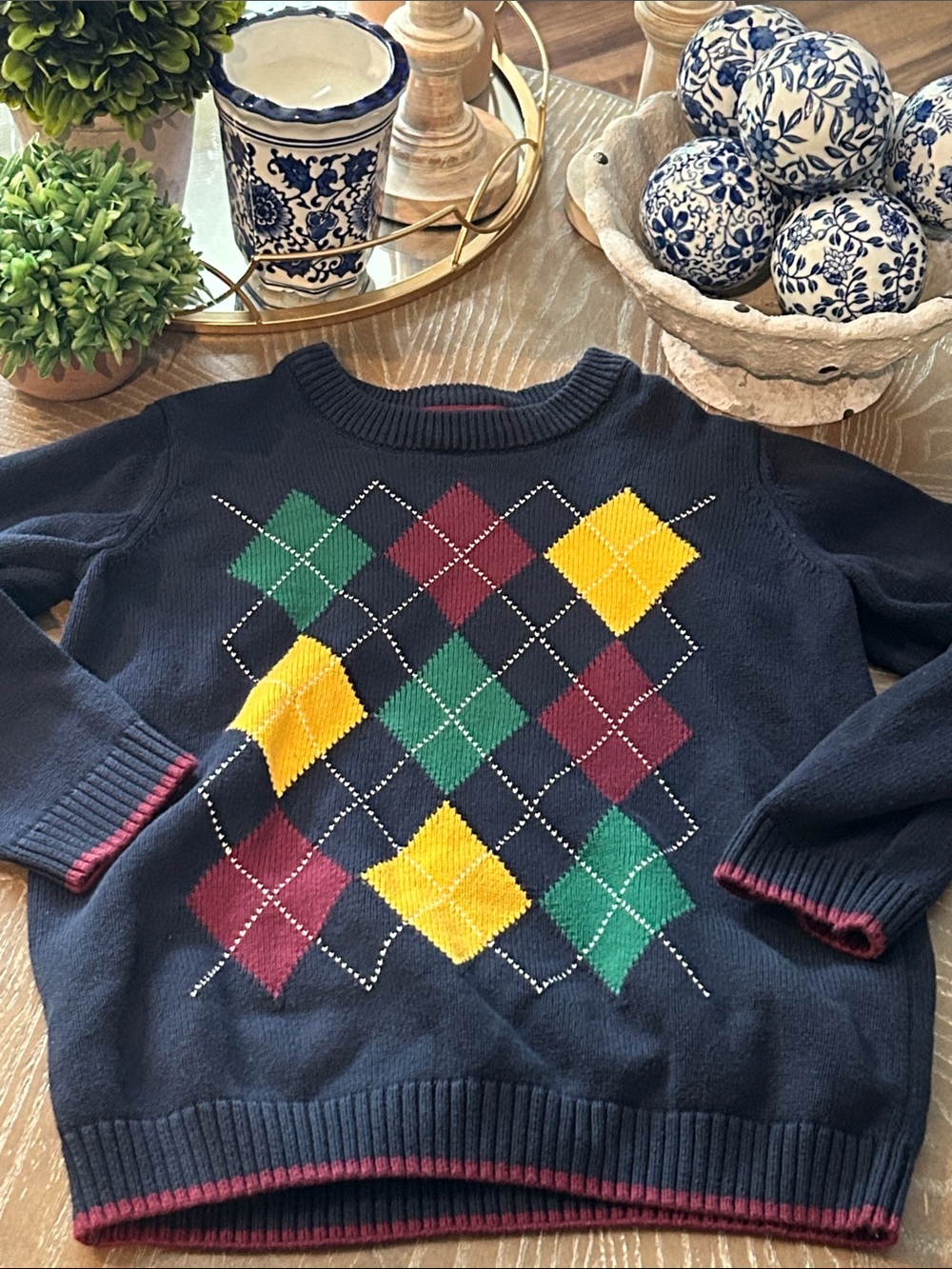 Boys Gymboree Navy Argyle Knit Crewneck Sweater Yellow Green Burgundy Diamonds
